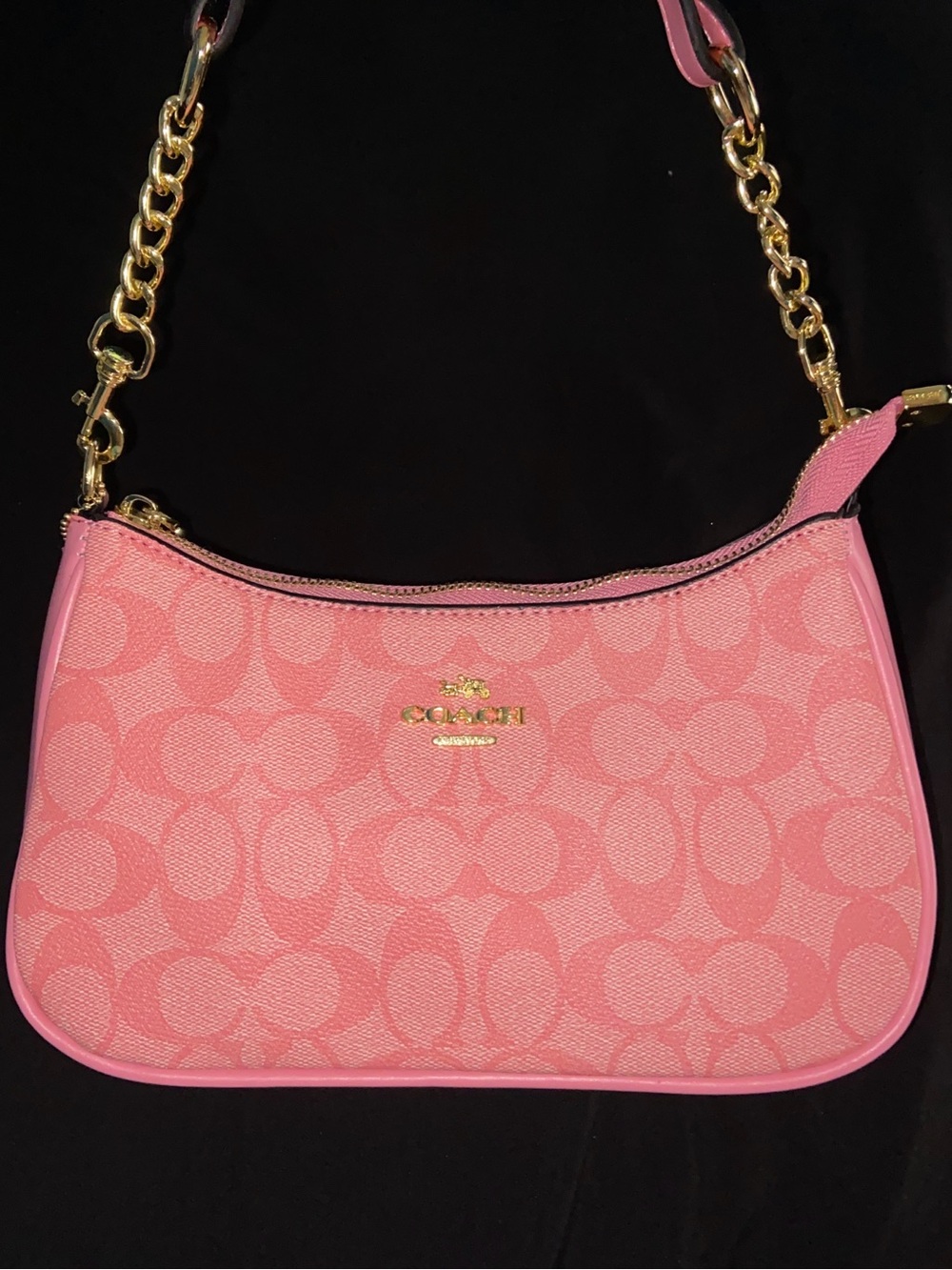 Coach Pink Signature Canvas Shoulder Bag with Gold Chain Strap